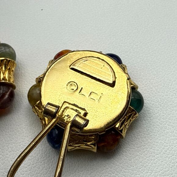 Vintage Liz Claiborne Clip Earrings Jewel Tone Mogul Gold Tone Ornate Disc - Picture 5 of 6